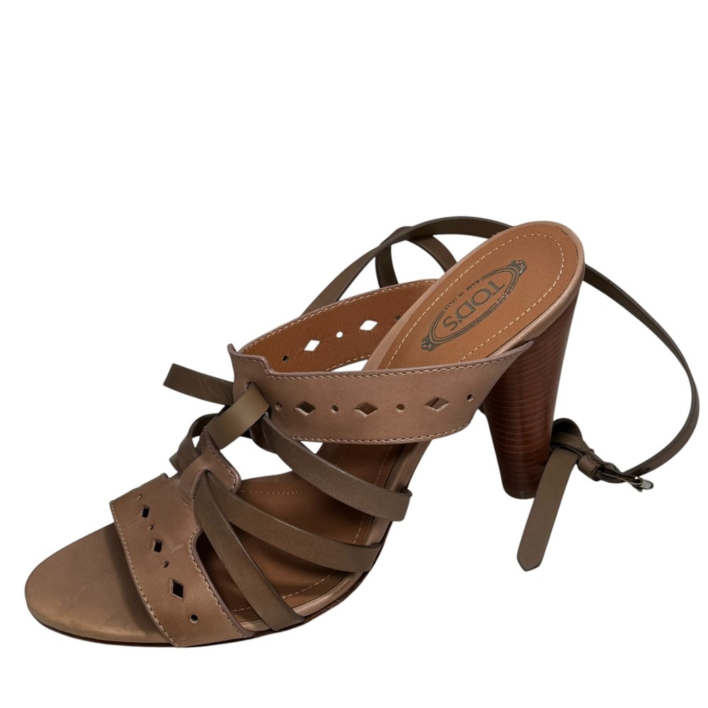 New Tod's Ankle Wrap Dress Sandals Tan perforated Leather size 39.5 8-8.5 run sm
